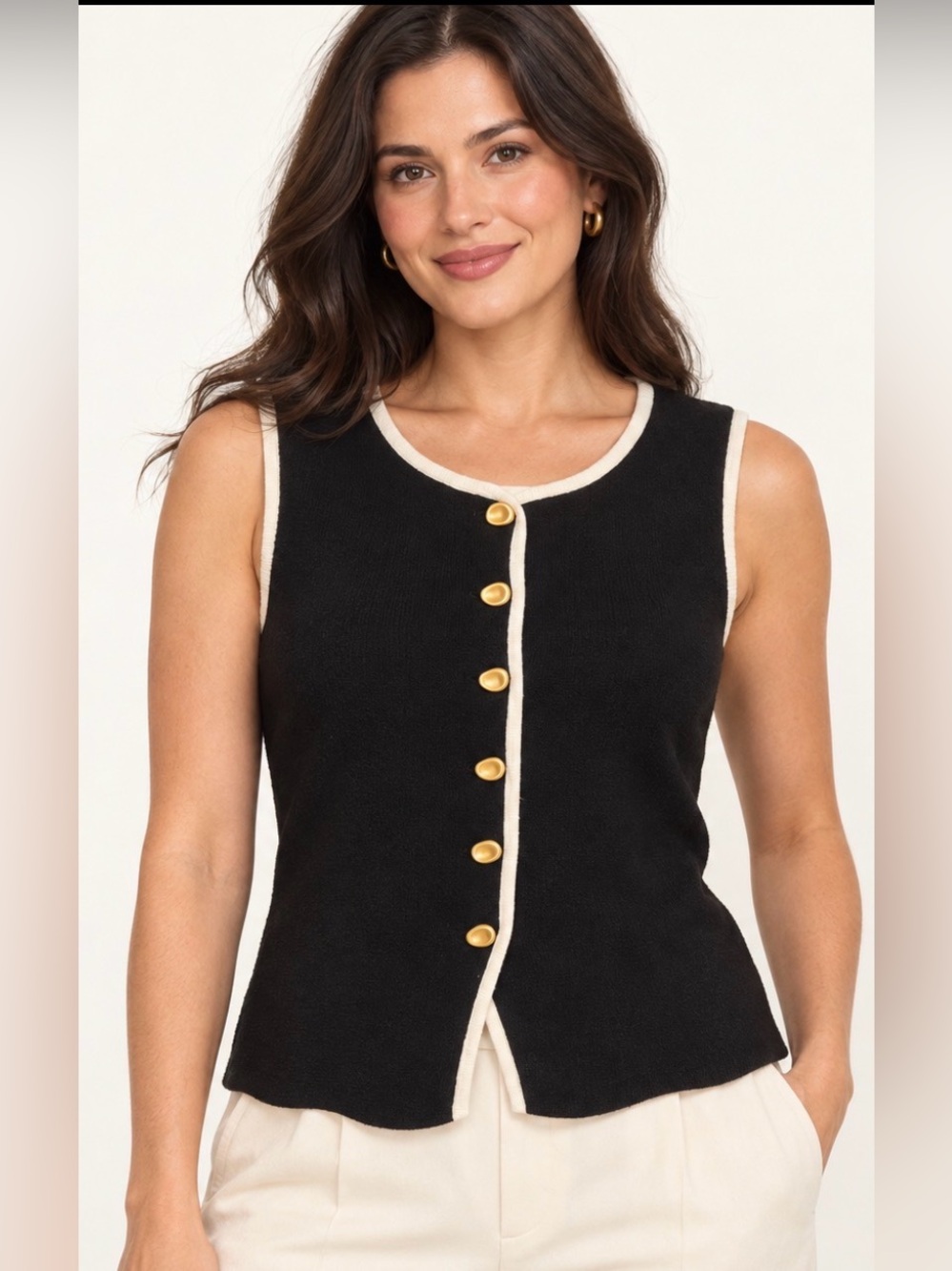 Sleeveless Black Knit Tank With Contrast Trim and Gold Buttons
